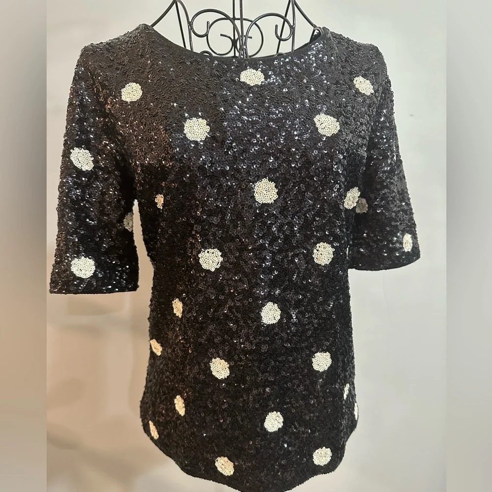 J. Crew black And White Polka Dot Sequin Top. size Small. Excellent Cond…